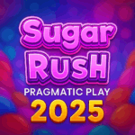 Logo promosi Sugar Rush Pragmatic Play 2025 dengan tema permen warna-warni dan tulisan neon pink ungu bergaya manis.