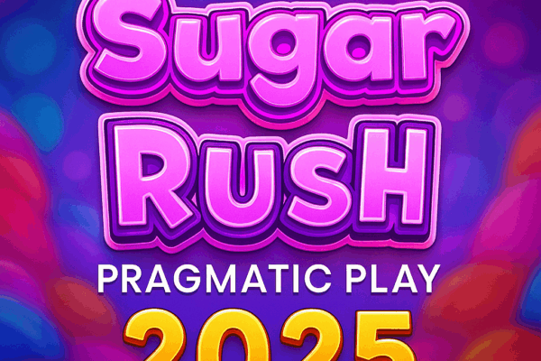 Logo promosi Sugar Rush Pragmatic Play 2025 dengan tema permen warna-warni dan tulisan neon pink ungu bergaya manis.