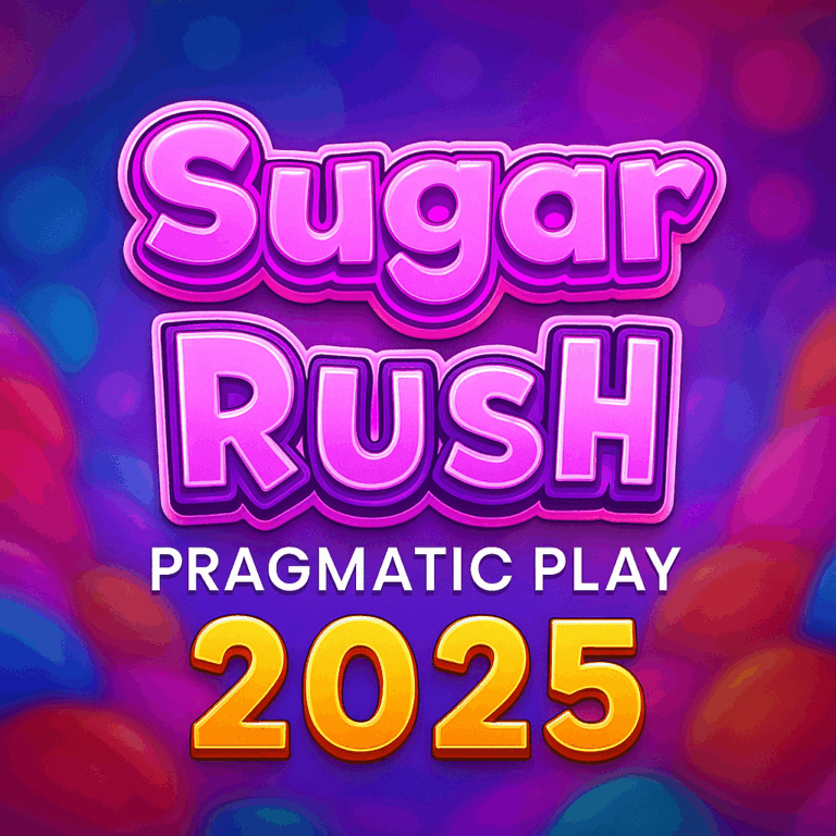 Logo promosi Sugar Rush Pragmatic Play 2025 dengan tema permen warna-warni dan tulisan neon pink ungu bergaya manis.