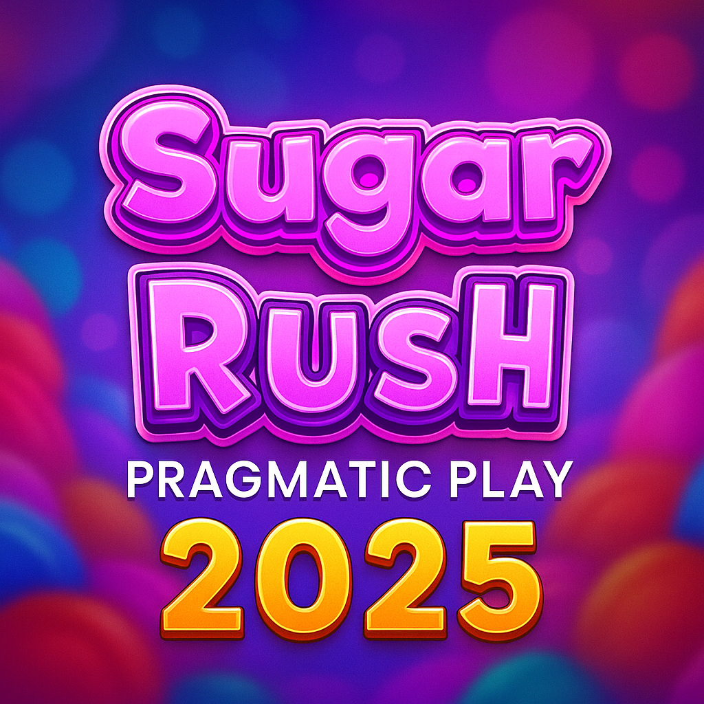 Logo promosi Sugar Rush Pragmatic Play 2025 dengan tema permen warna-warni dan tulisan neon pink ungu bergaya manis.