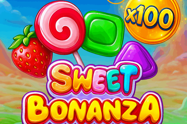 Ilustrasi tema Sweet Bonanza PragmaticPlay dengan permen warna-warni, buah stroberi, dan koin multiplier x100 di latar langit cerah.