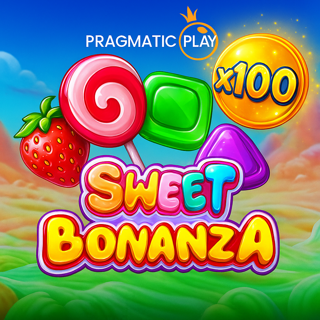 Ilustrasi tema Sweet Bonanza PragmaticPlay dengan permen warna-warni, buah stroberi, dan koin multiplier x100 di latar langit cerah.